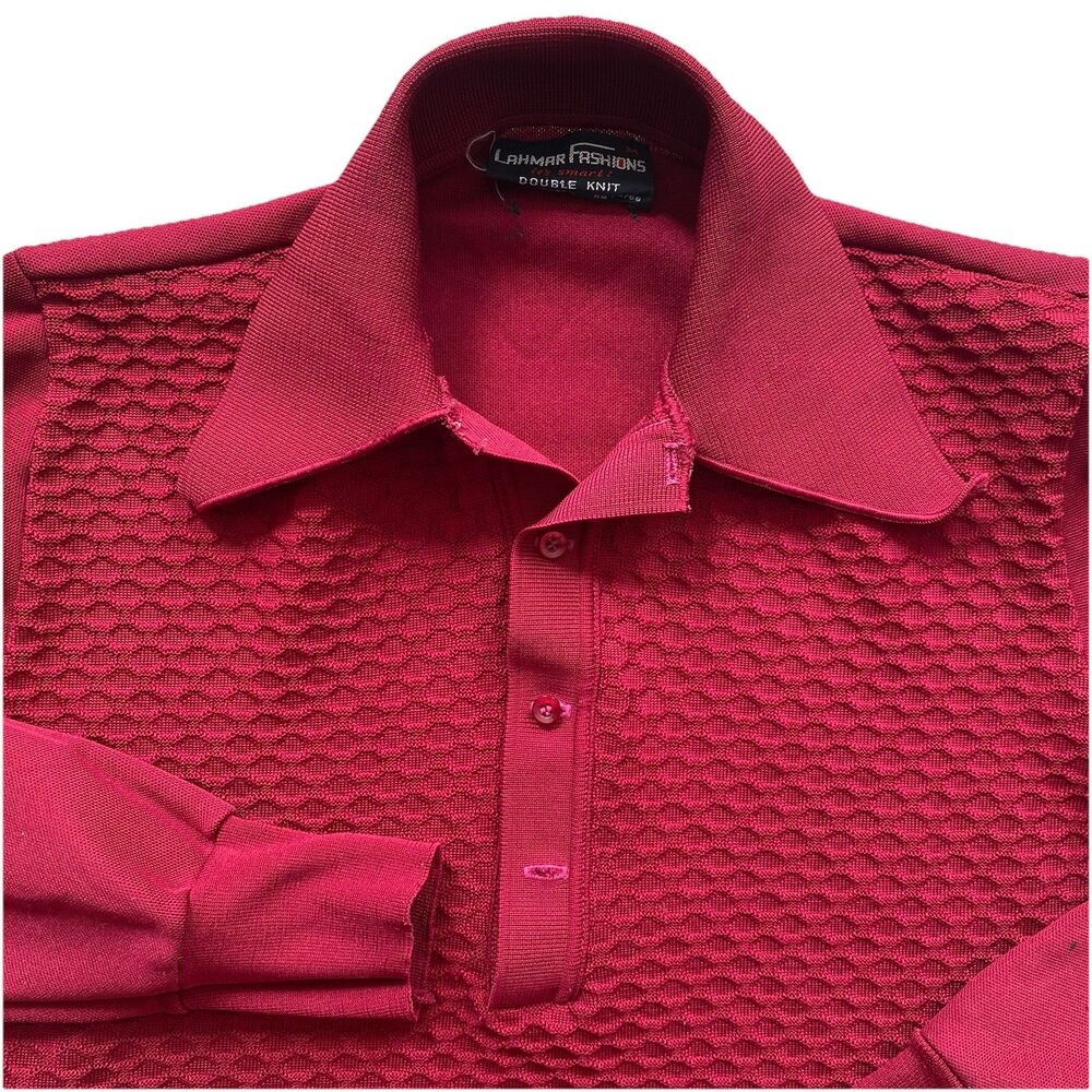 Vintage 70s Double Knit Shirt Polyester Red Medium Textured Lahmar Disco